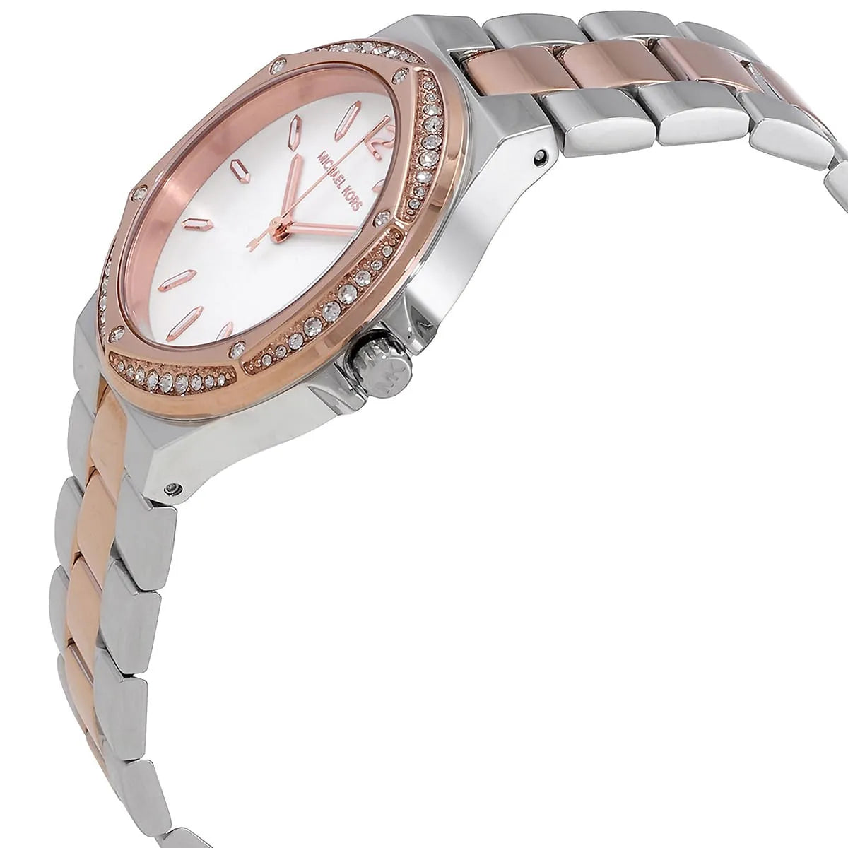 Michael Kors MK6989 ladies watch side profile with rose gold bezel and two-tone bracelet