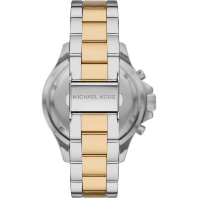 Michael Kors MK7209 Everest watch caseback showing two-tone stainless steel and gold bracelet