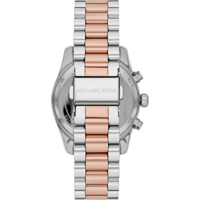 Michael Kors MK7219 Lexington watch caseback with two-tone rose gold and silver bracelet strap