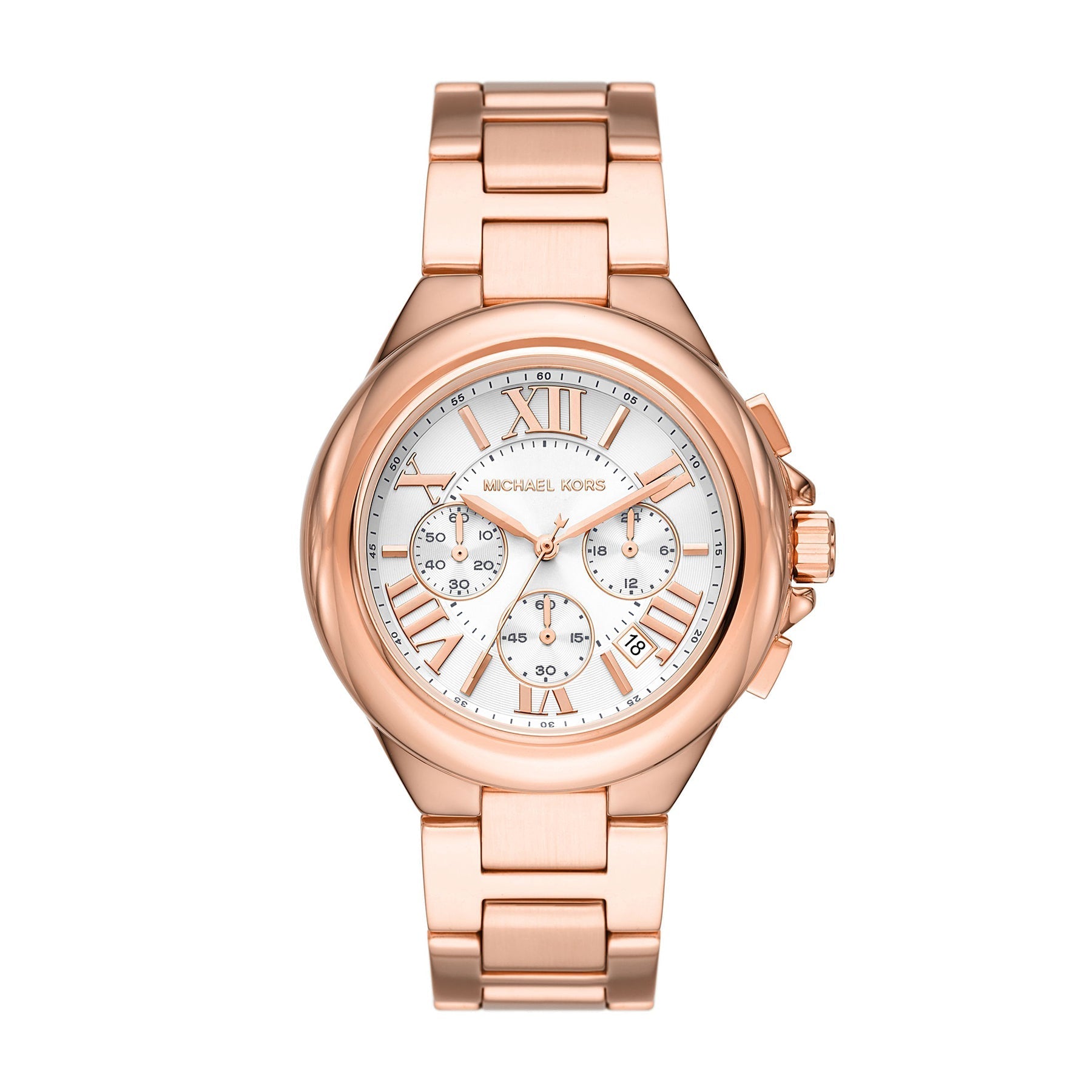 Michael Kors Camille chronograph watch with white dial and rose-gold case