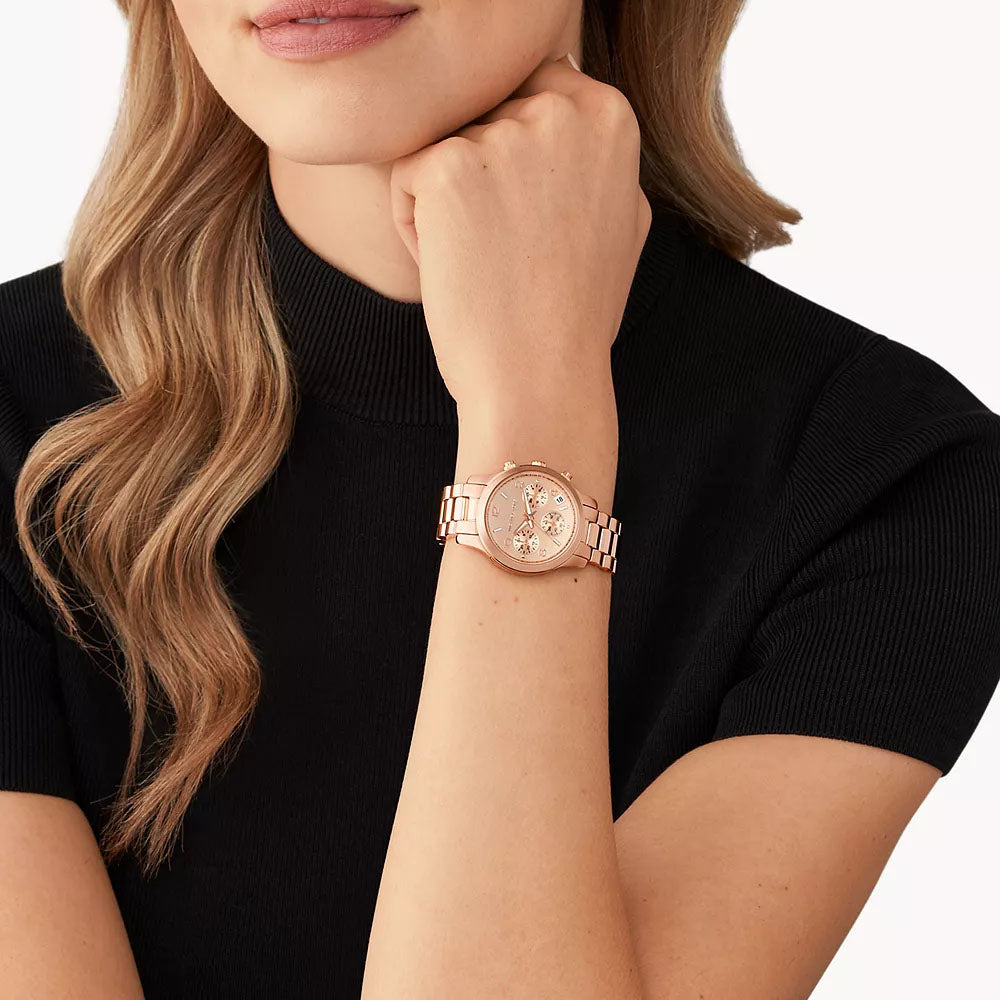 Michael Kors Mini Runway Chronograph MK7327 rose gold watch on wrist