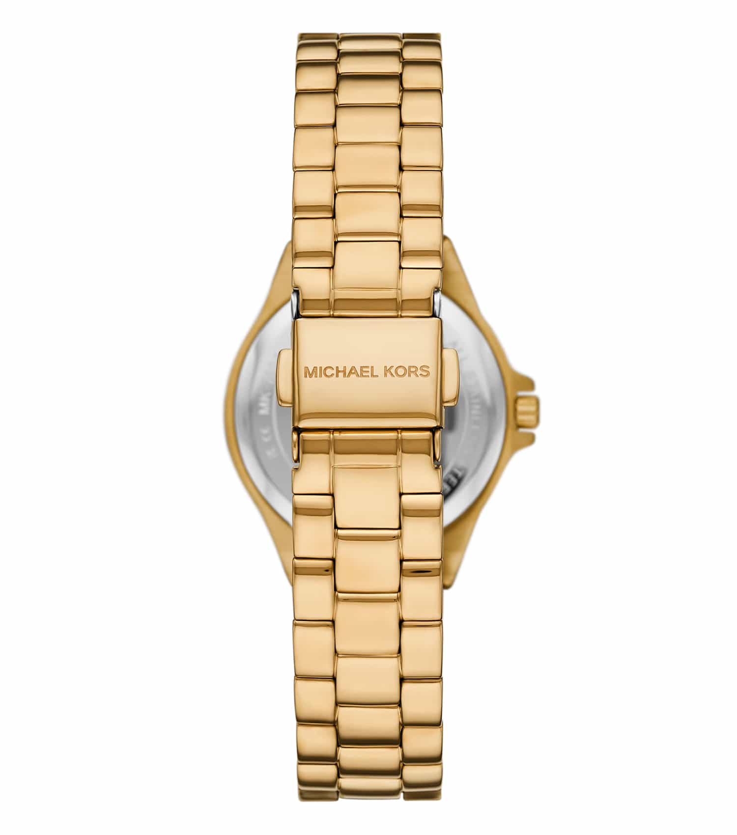Gold-tone watch caseback with Michael Kors branding and integrated bracelet