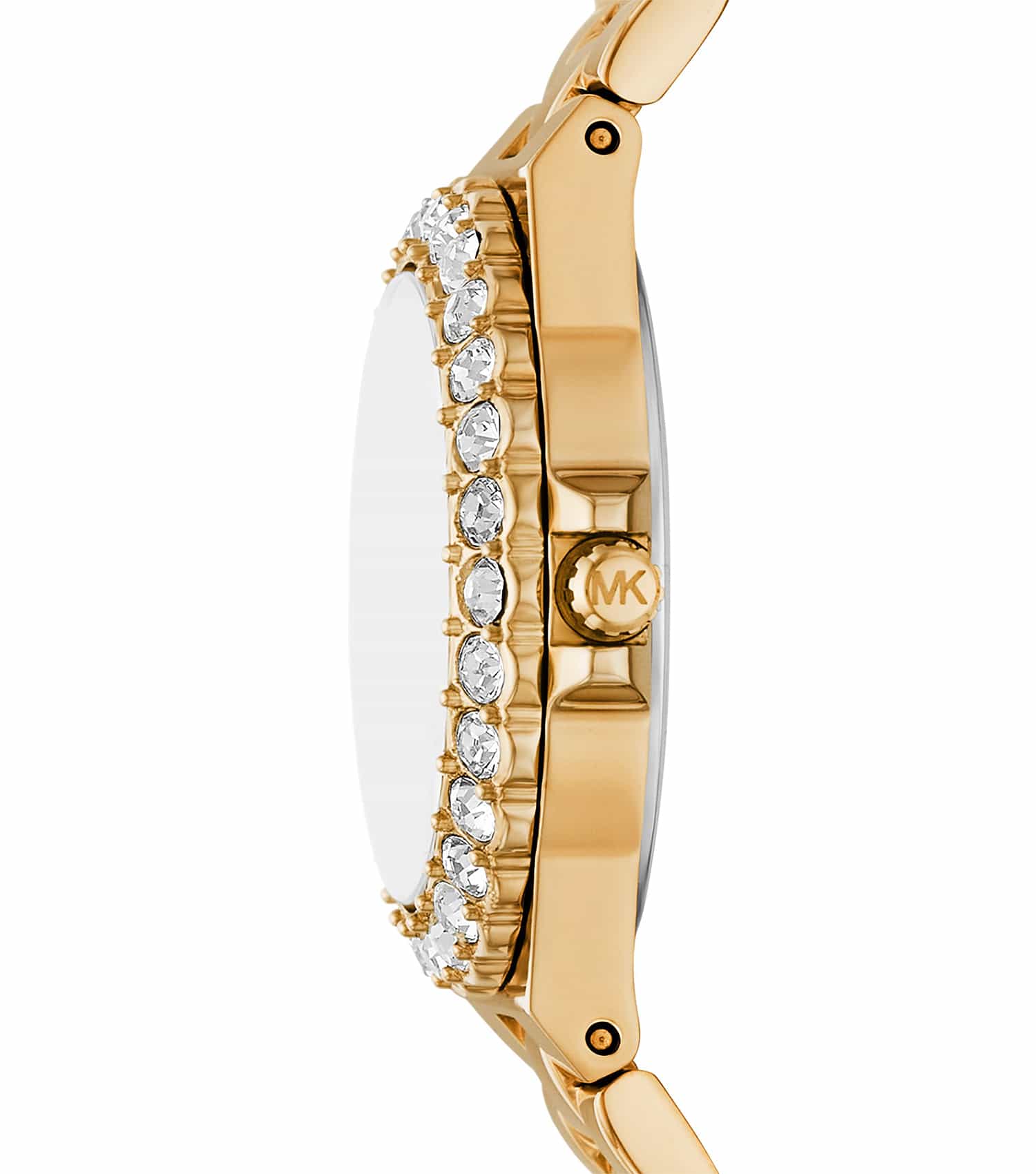 Side view of gold-tone watch showing bracelet strap with pavé crystal bezel detail