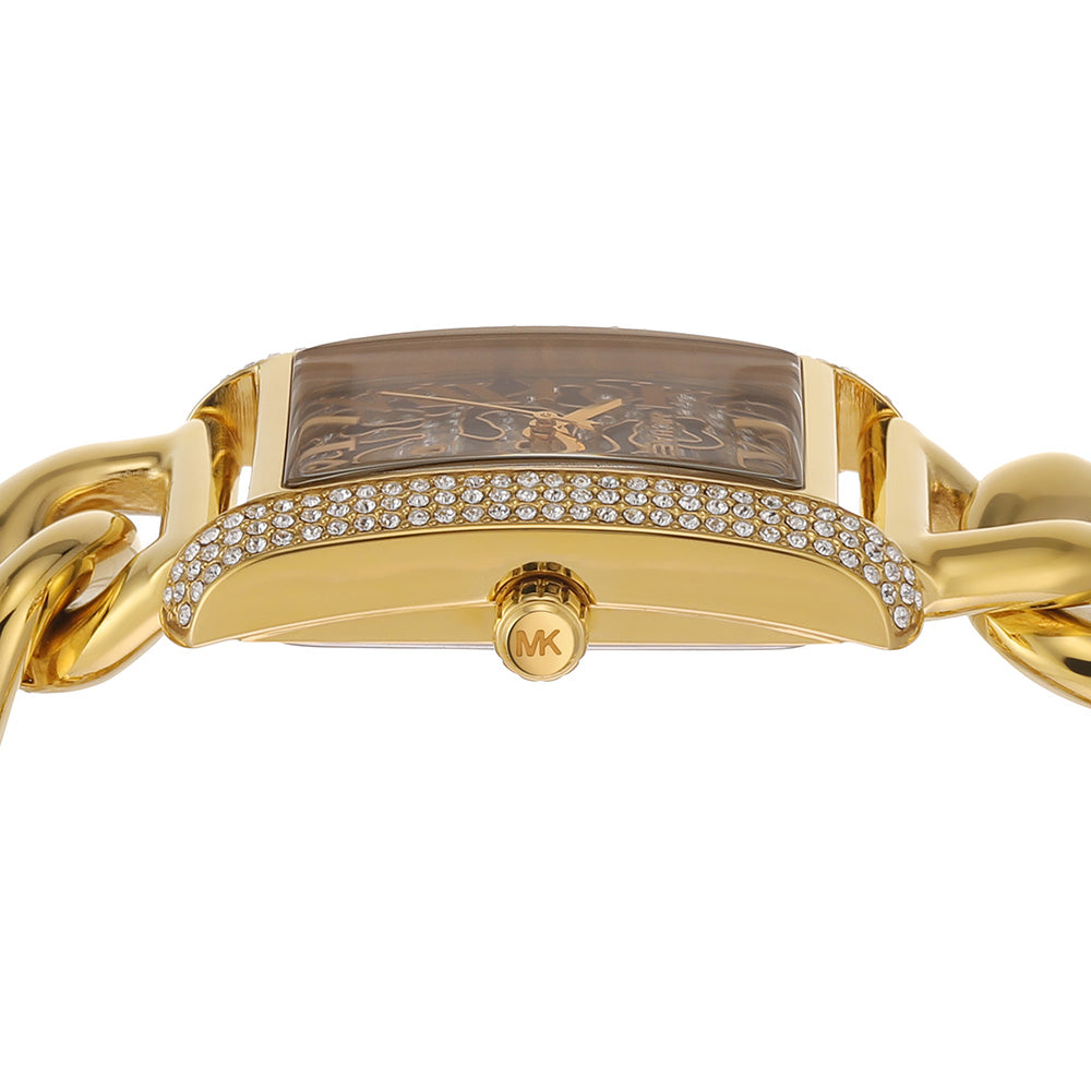 Michael Kors Mini Emery watch side view showing case edge with pavé crystals and gold curb links