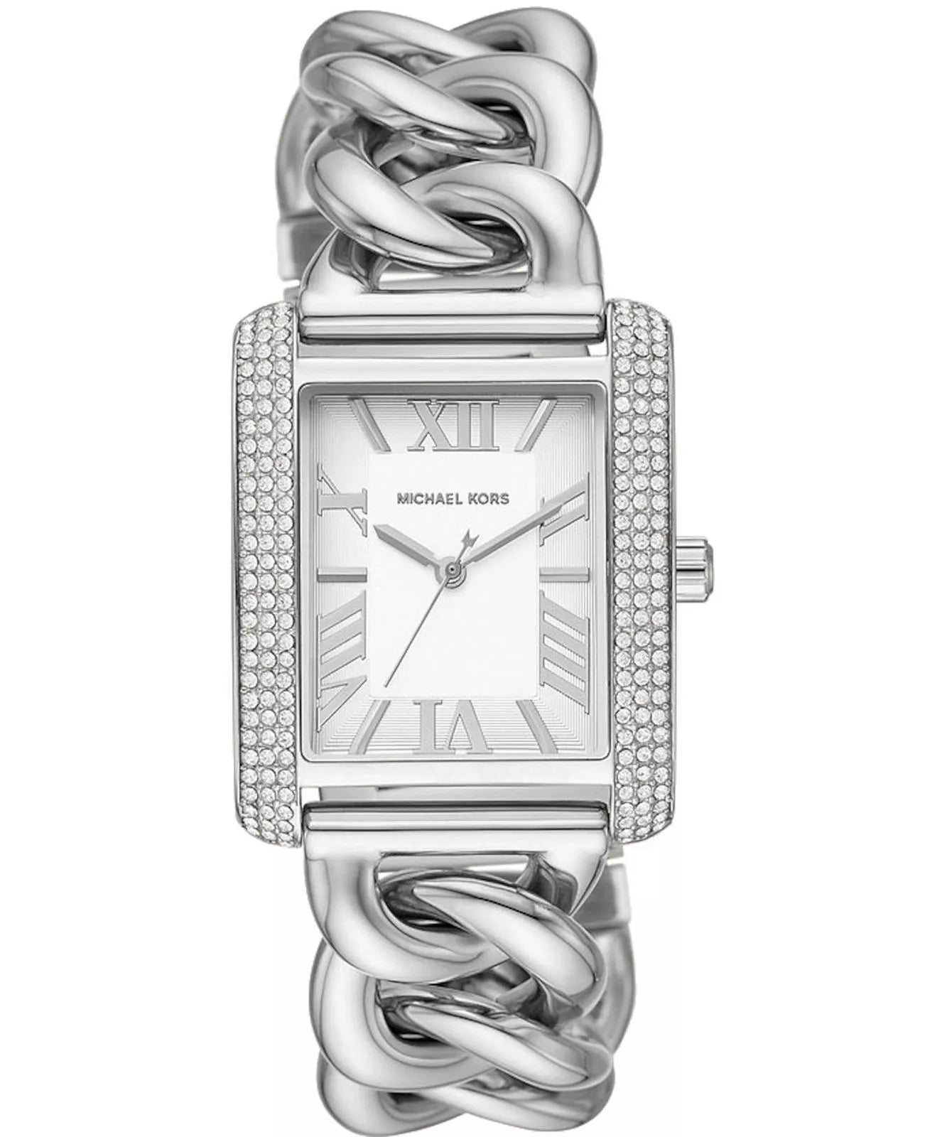 Michael Kors Mini Emery silver watch with rectangular pavé crystal case and curb-link bracelet