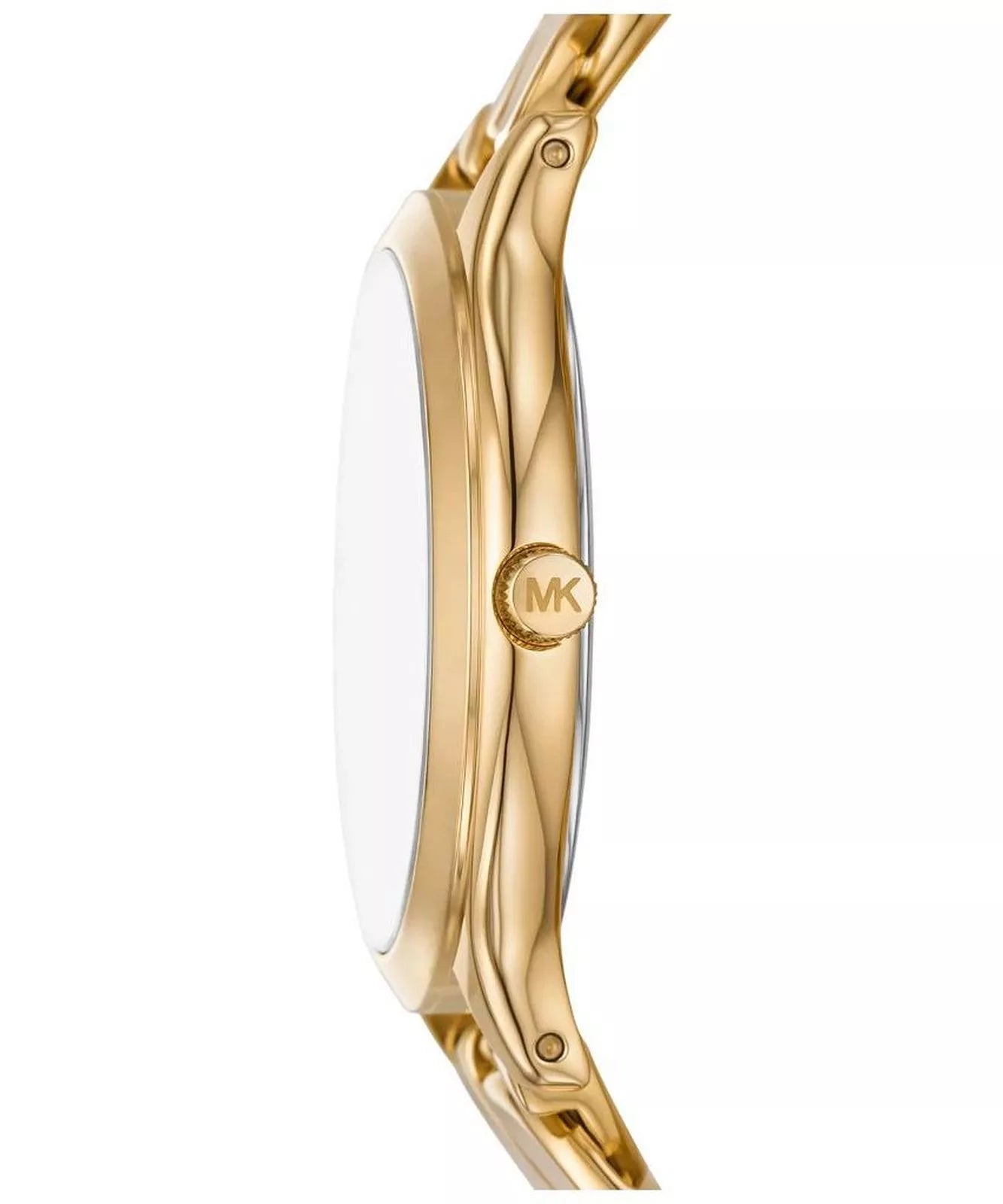 Michael Kors Slim Runway watch side view showing white dial and gold case profile