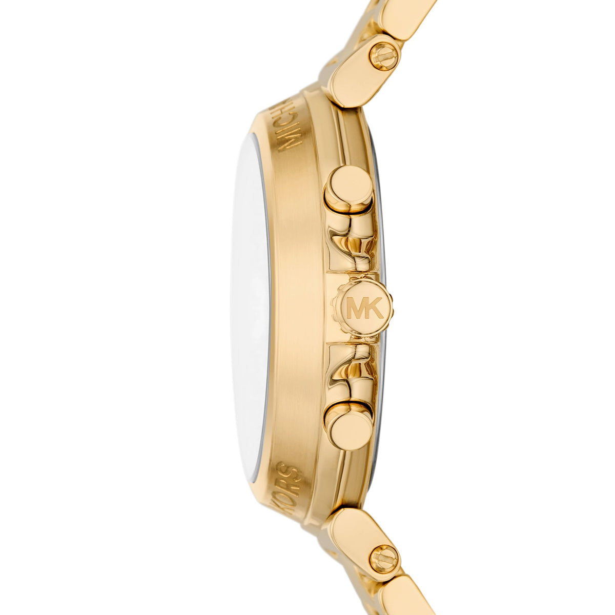 Michael Kors Maren MK7493 side view showing gold-tone case profile and chronograph pushers