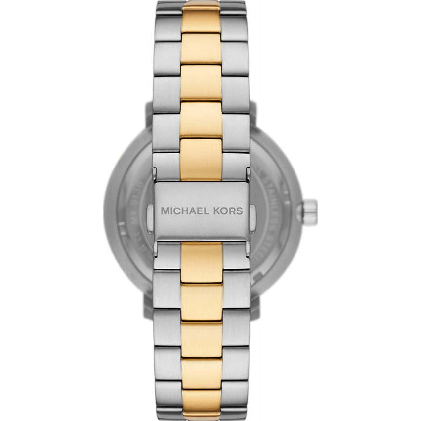 Michael Kors MK9134 watch caseback with stainless steel two-tone bracelet visible