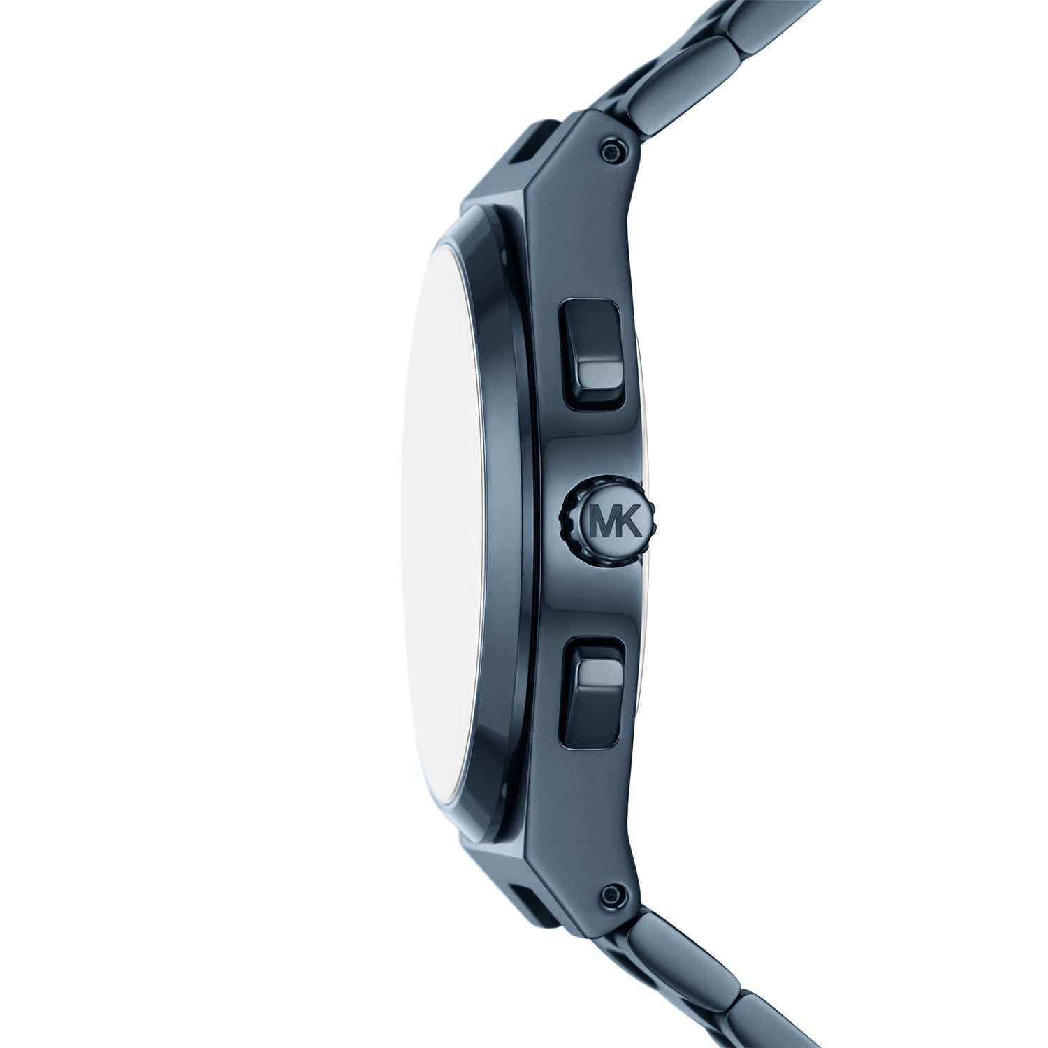 Michael Kors MK9147 Lennox watch side profile showing blue-tone case and controls