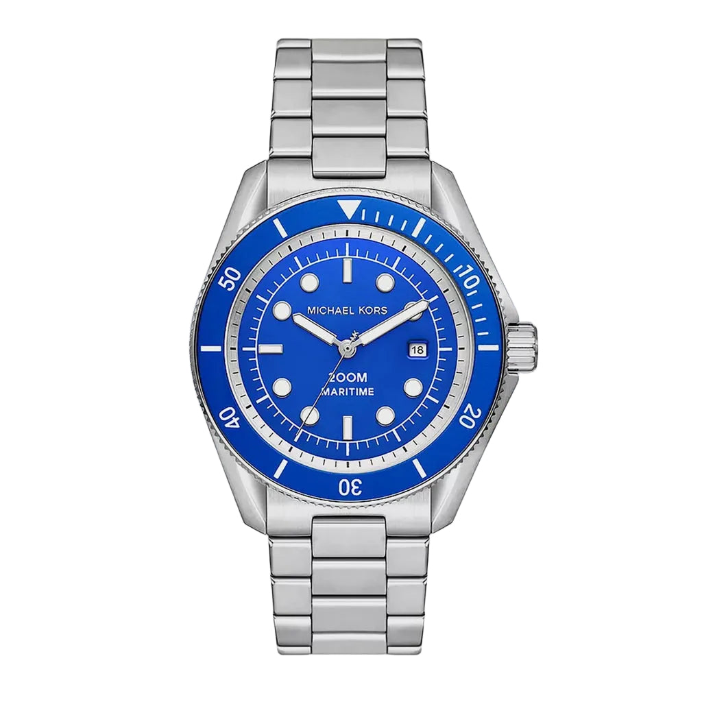 Michael Kors MK9160 maritime men's watch with silver-tone steel case, blue dial and rotating bezel