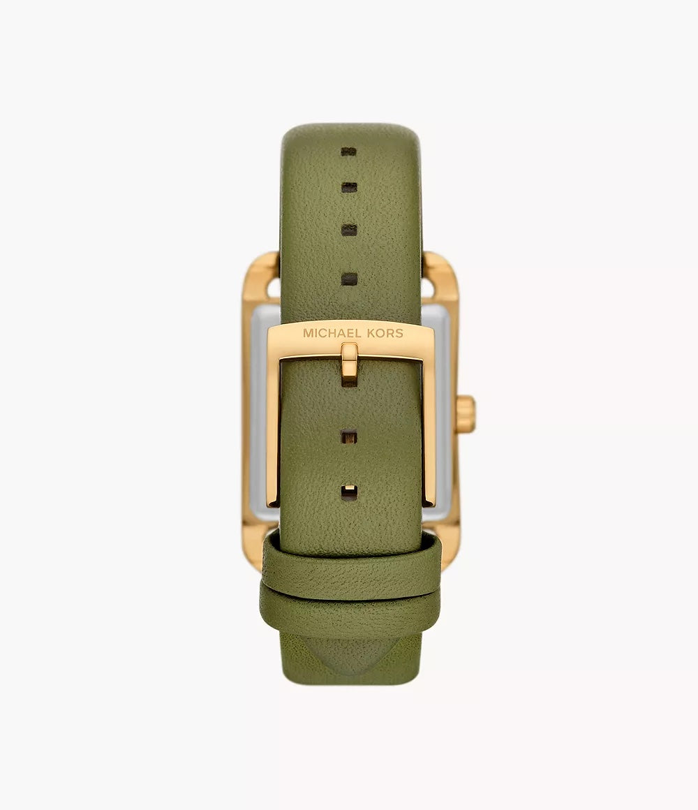 Back view of Michael Kors Monroe watch showing green leather strap and gold case