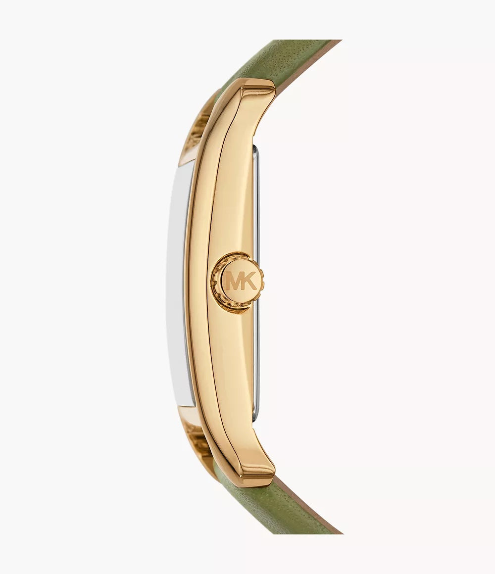 Side profile of Michael Kors Monroe watch showing gold case and green leather strap