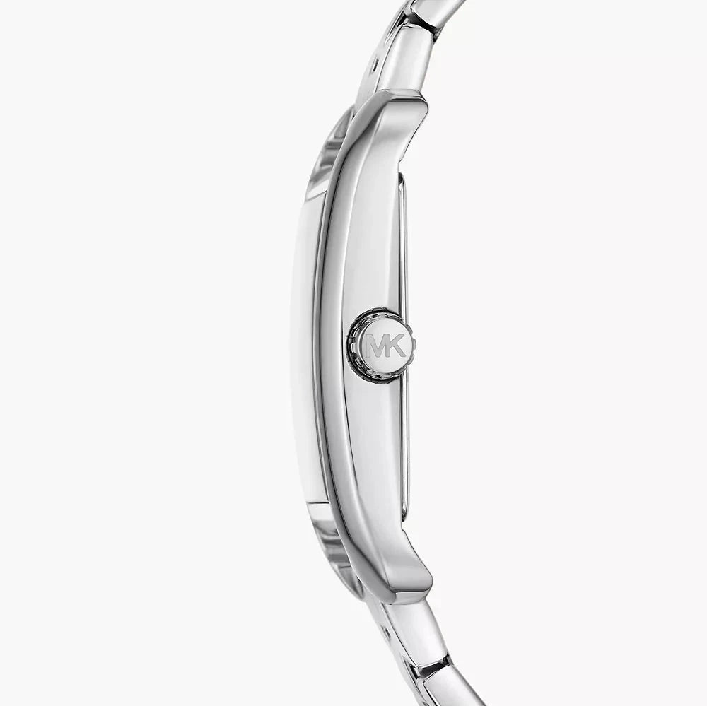 Michael Kors Monroe watch side view showing silver steel bracelet and case profile