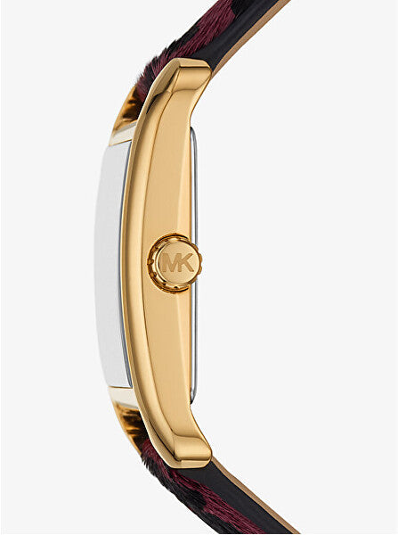 Side profile of Michael Kors Monroe watch showing gold-tone case and plum leopard strap