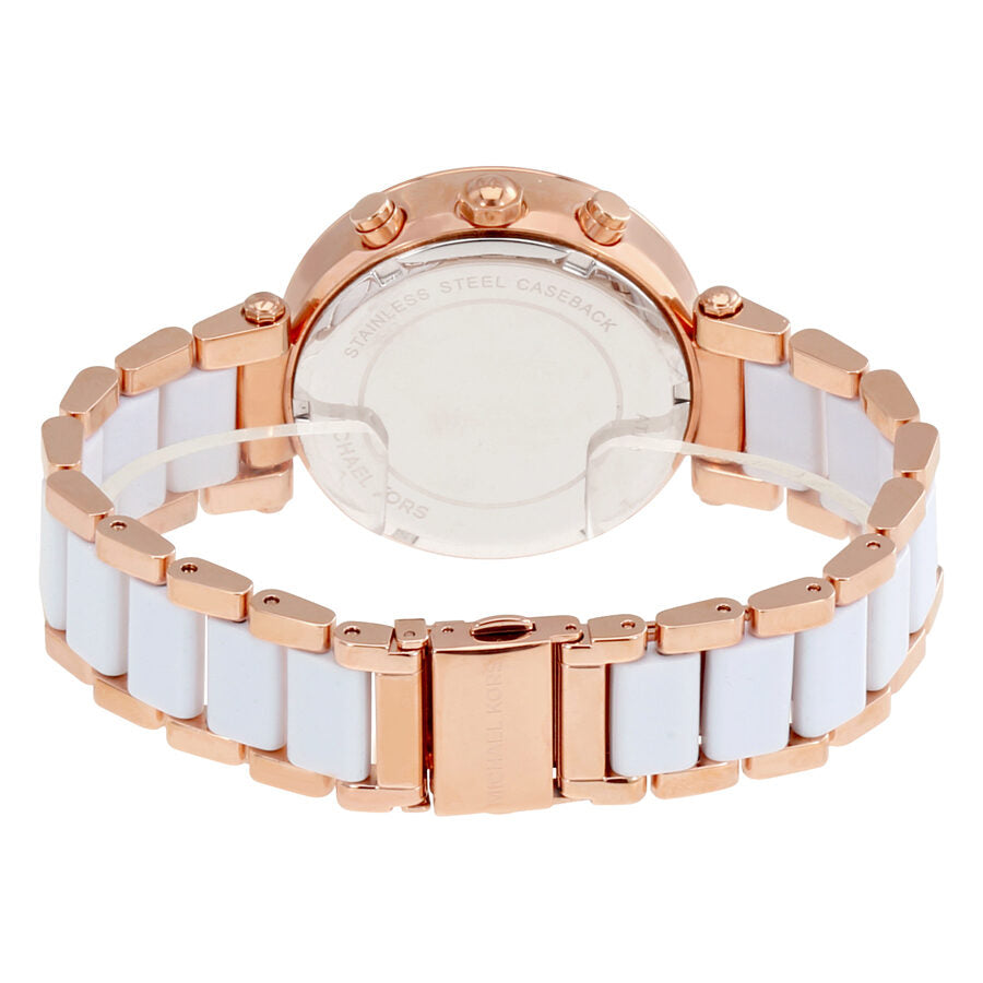 Back of Parker chronograph watch showing rose gold and white ceramic bracelet with fold-over clasp