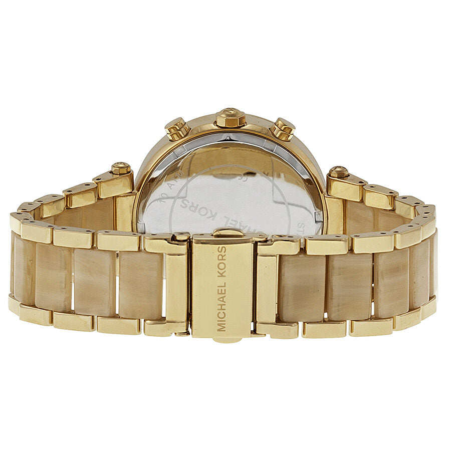 Michael Kors Parker watch caseback view showing gold-tone bracelet and case