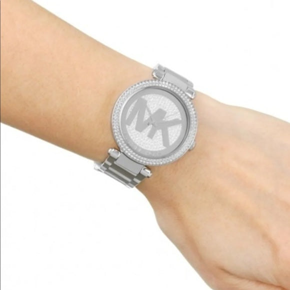 Michael Kors Parker MK5925 crystal pave watch worn on wrist