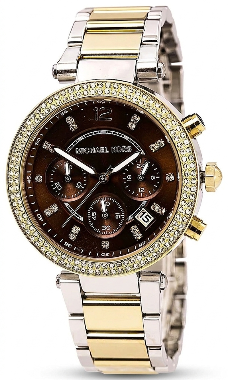 Side angle view of Michael Kors Parker MK6118 watch showing two-tone steel bracelet and case