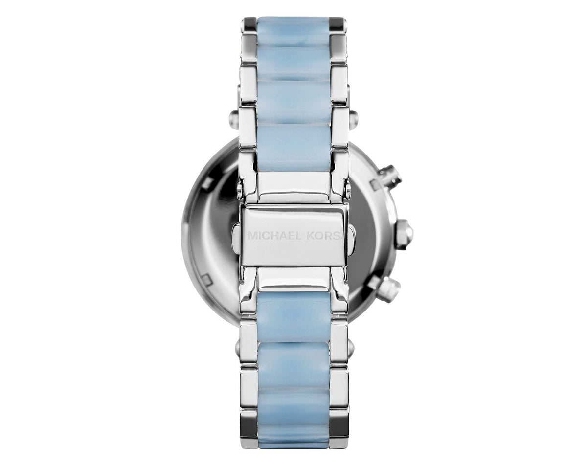 Michael Kors Parker women's watch caseback showing engraved Michael Kors branding