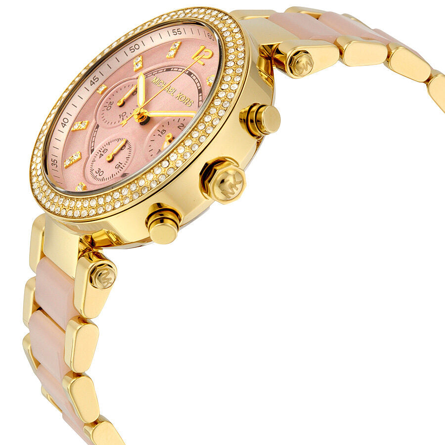 Side angle view of Parker watch showing chronograph pushers and gold-tone case