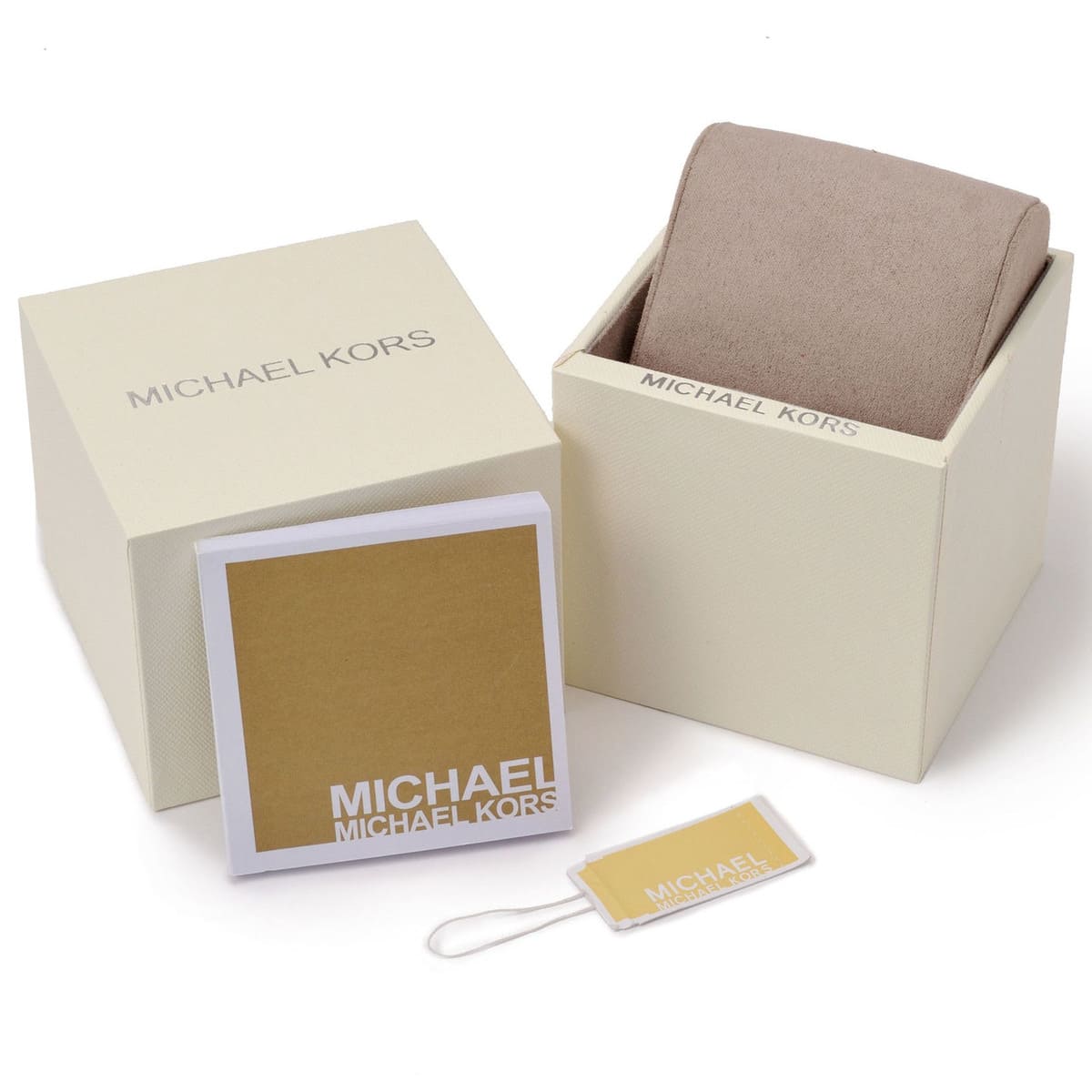 Michael Kors original packaging box with watch case, jewelry tag, and documentation