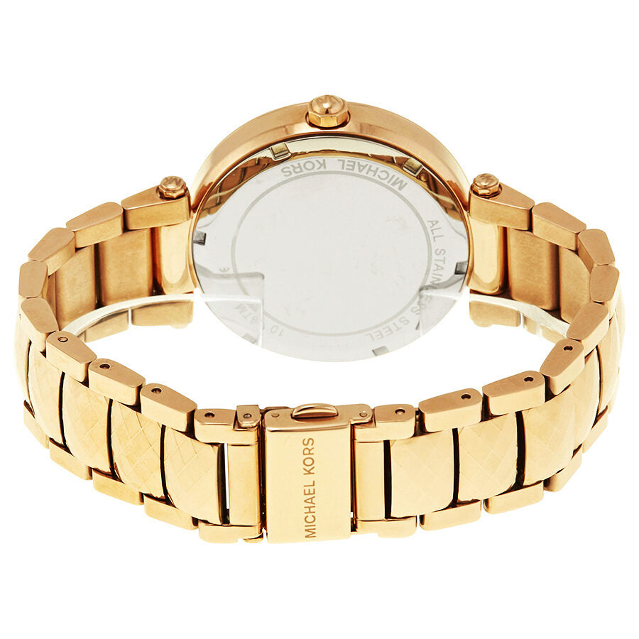 Michael Kors Parker MK6426 caseback showing gold-tone stainless steel bracelet and case