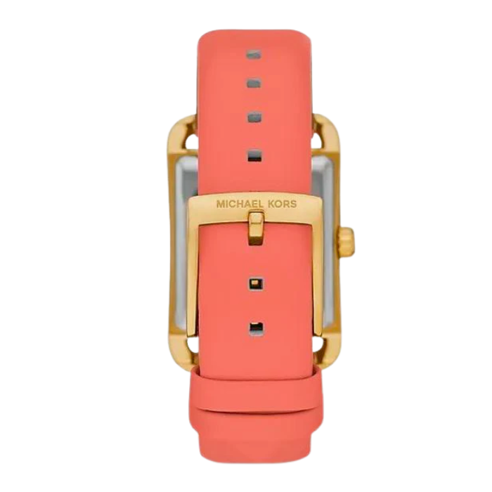 Michael Kors Petite Monroe caseback view with coral leather strap and deployment clasp