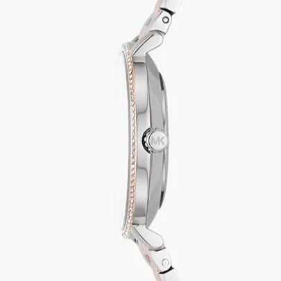 Michael Kors Pyper MK1066 side view showing crystal-set bezel and two-tone steel case