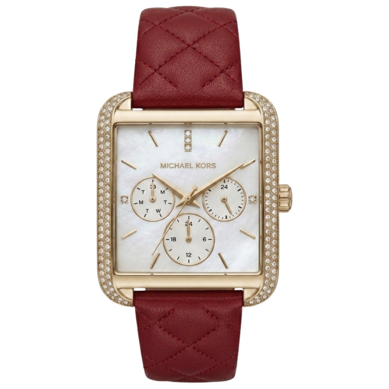 Michael Kors Pyper MK2770 women's watch with gold case, red leather strap, crystal bezel, and white chronograph dial