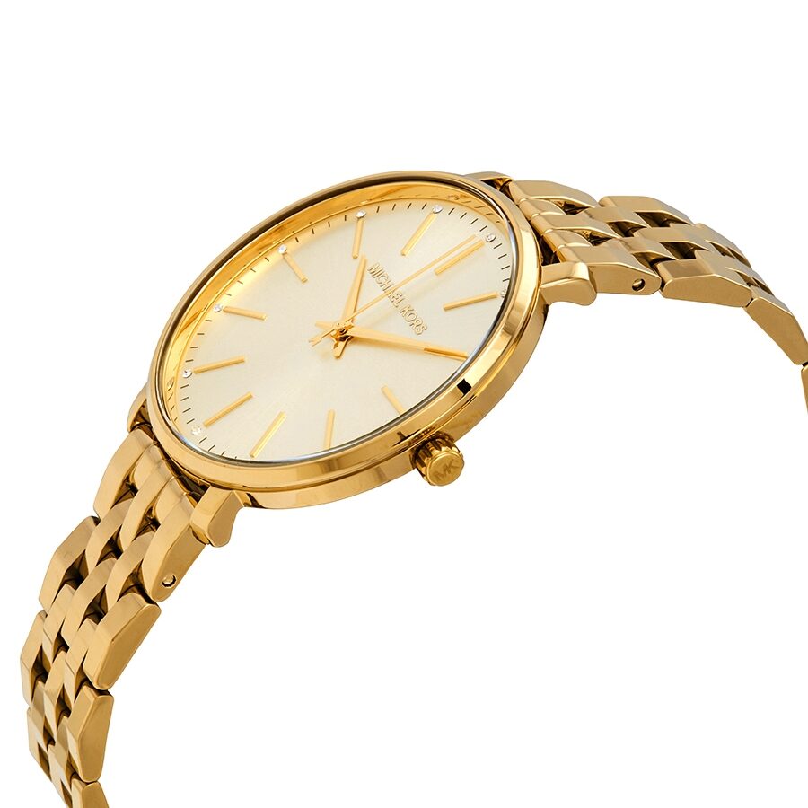 Side angle view of Michael Kors Pyper ladies watch showing cream dial and gold-tone bracelet