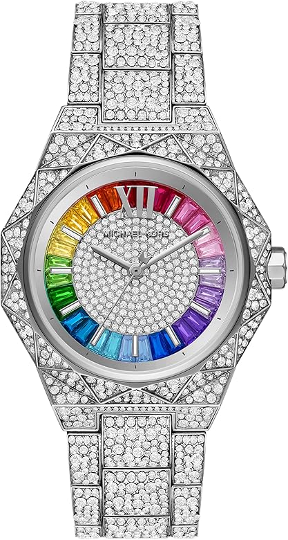 Michael Kors Raquel silver-tone watch with crystal-studded case and rainbow dial, three-hand movement