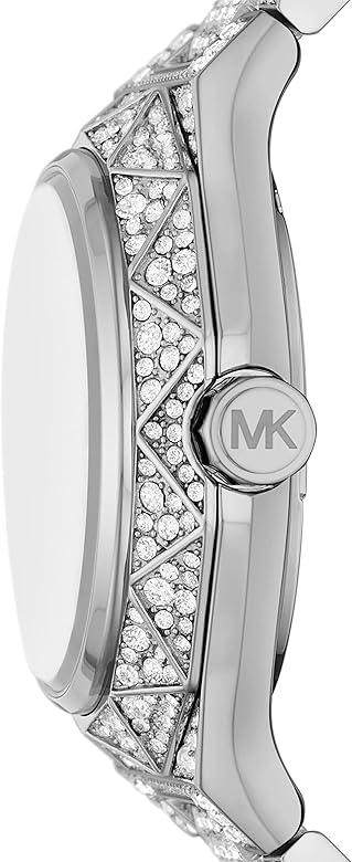 Side profile of Michael Kors Raquel watch showing crystal-covered case and silver-tone steel bracelet