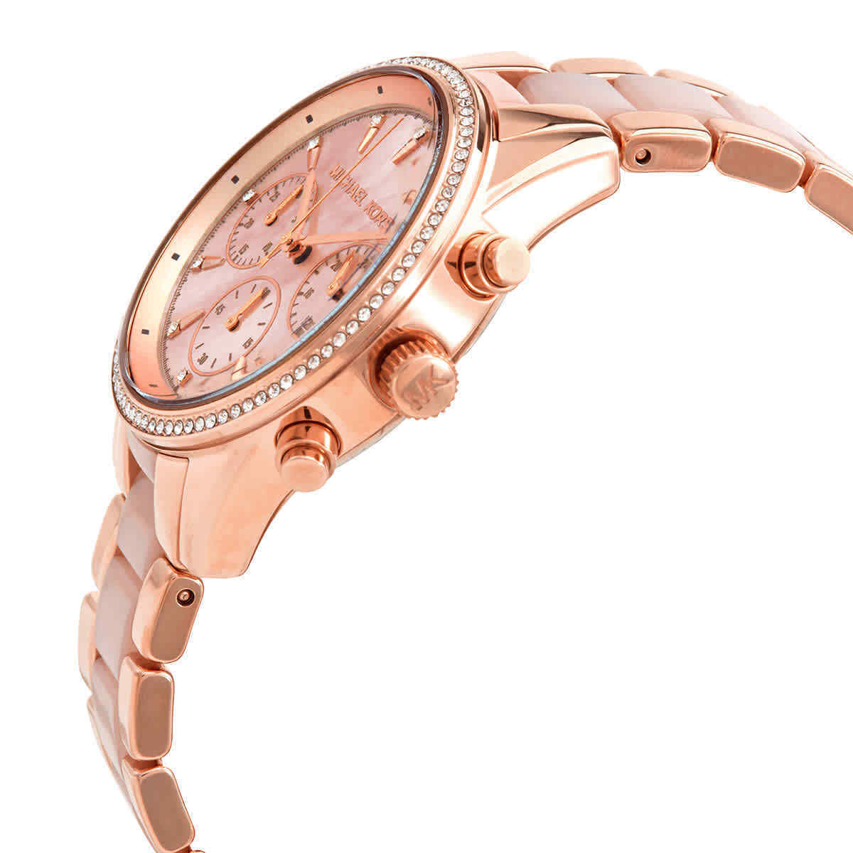 Michael Kors Ritz chronograph watch side view showing rose gold case, pink dial, and matching bracelet