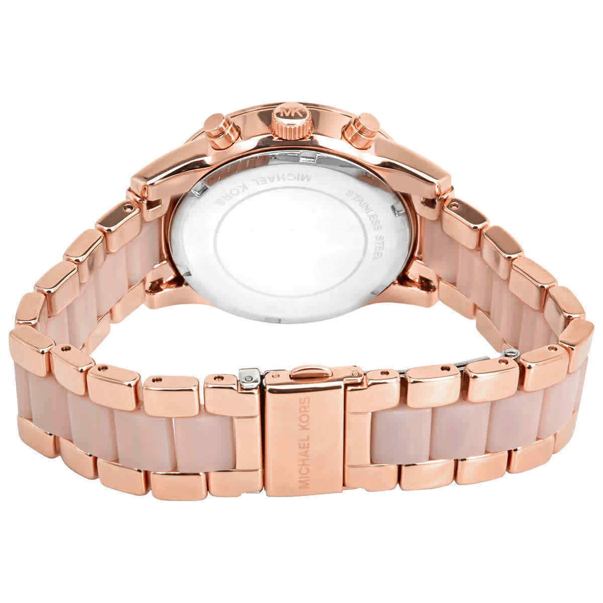 Michael Kors Ritz chronograph watch caseback showing rose gold-tone stainless steel case and pink bracelet