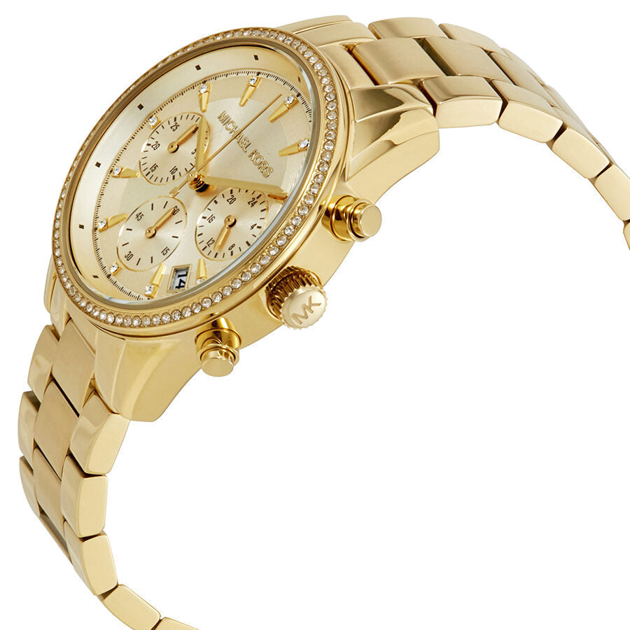 Michael Kors Ritz watch angled view showing gold-tone case, diamond bezel, and link bracelet