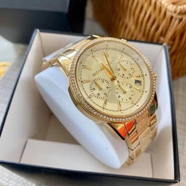 Michael Kors Ritz chronograph watch displayed in white presentation box