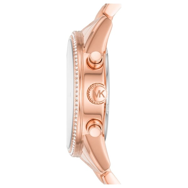 Michael Kors Ritz watch side view showing rose gold case with crystal-set bezel and pushers