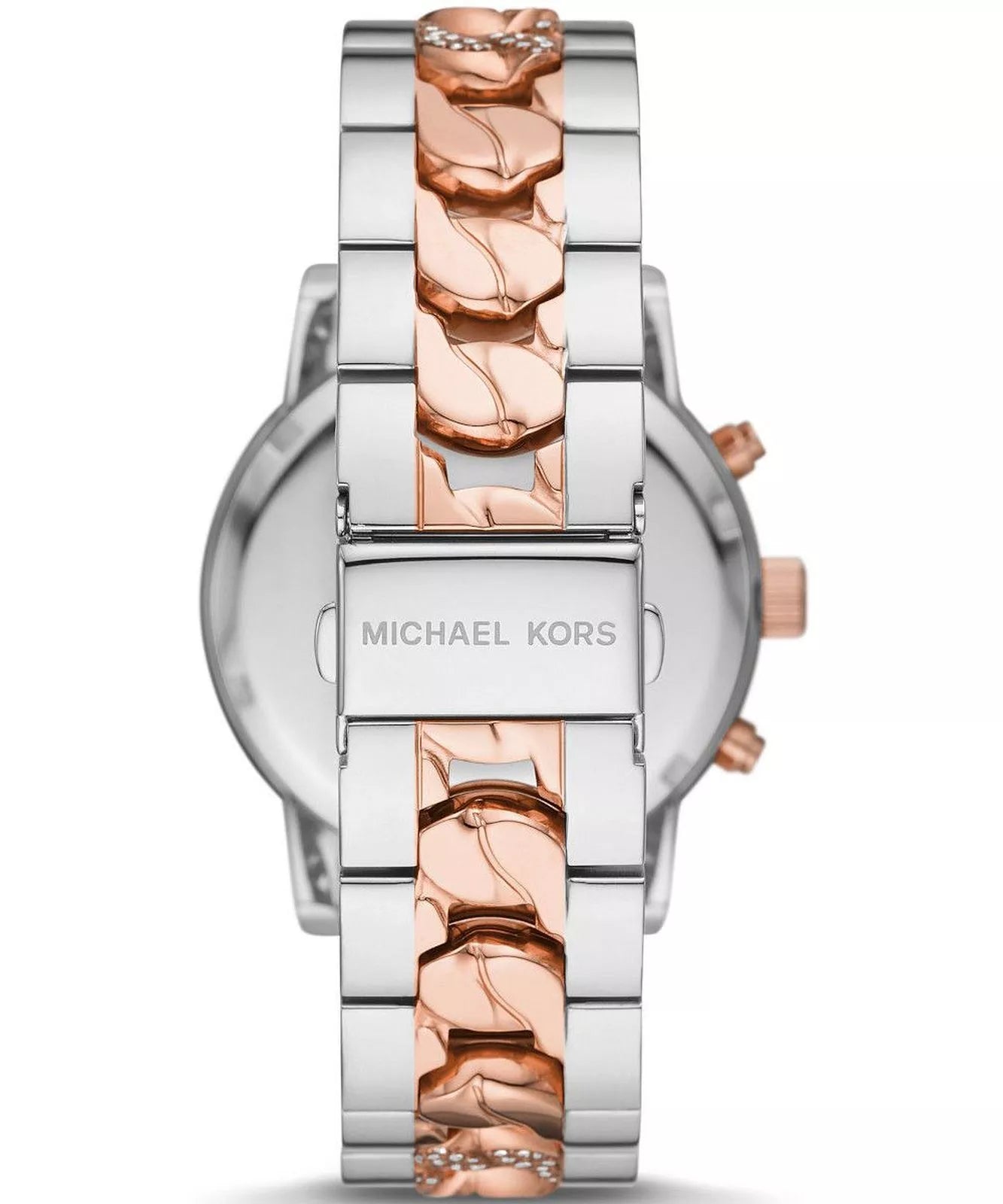 Michael Kors Ritz chronograph watch rear view showing rose gold and silver two-tone bracelet