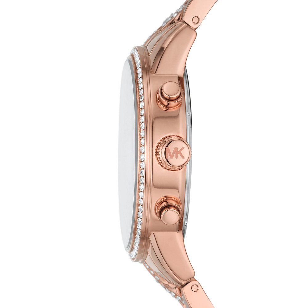 Michael Kors Ritz MK7223 side profile showing rose gold chronograph case with crystal-set bezel and bracelet