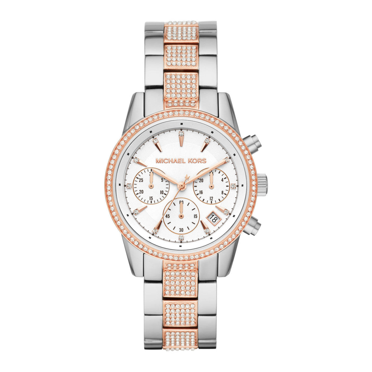 Michael Kors Ritz two-tone chronograph watch with white dial and pavé bezel