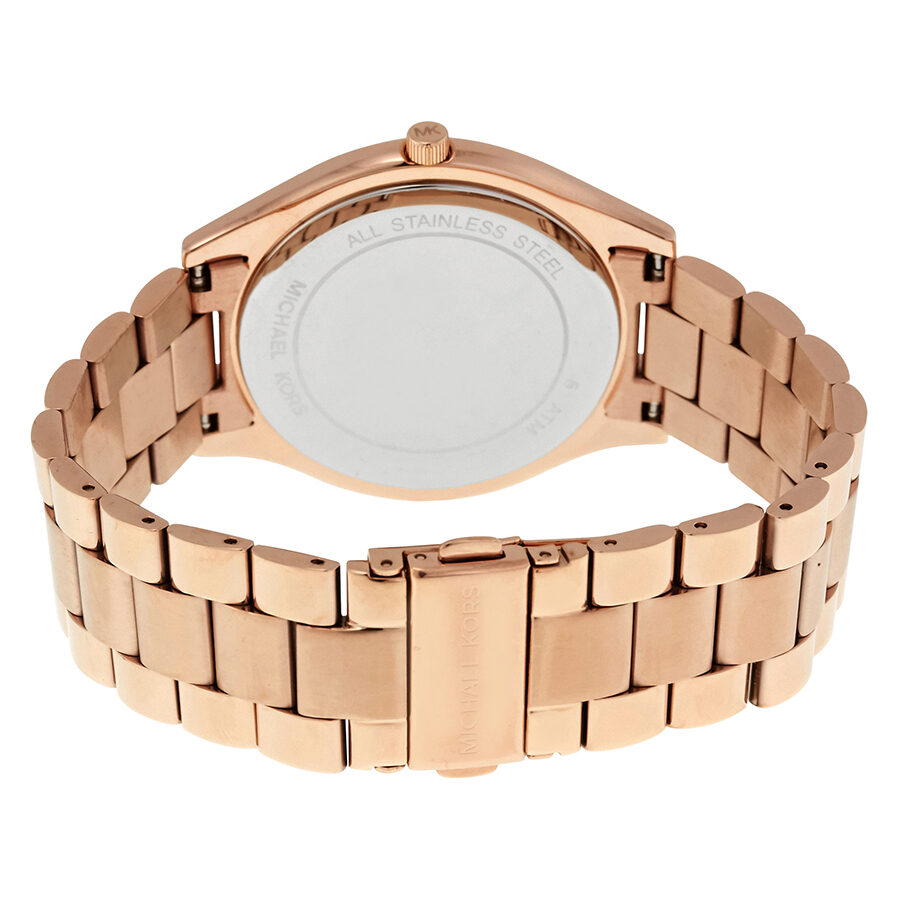 Michael Kors Runway watch caseback showing stainless steel and crown detail
