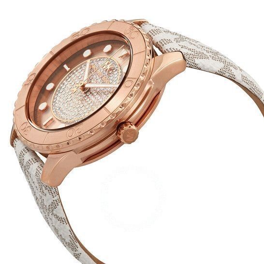 Michael Kors Runway MK6980 angled side view showing rose gold case and oversized bezel with dial detail