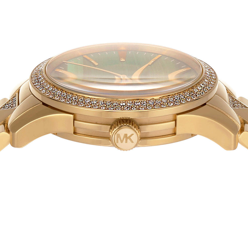 Michael Kors Runway MK7390 dial close-up with green face and crystal bezel detail