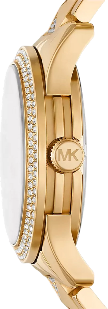 Michael Kors Runway MK7390 side profile showing crystal bezel and gold bracelet