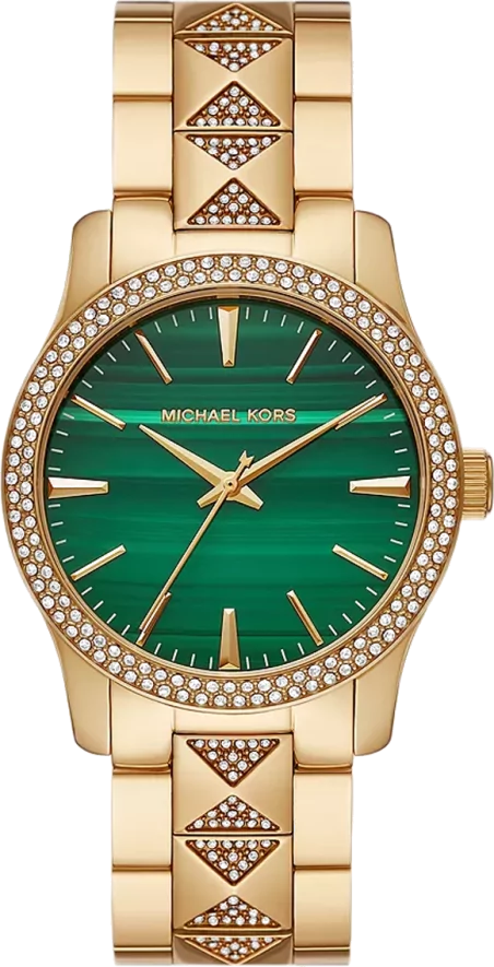 Michael Kors Runway MK7390 green dial watch with crystal-embellished bezel and gold bracelet