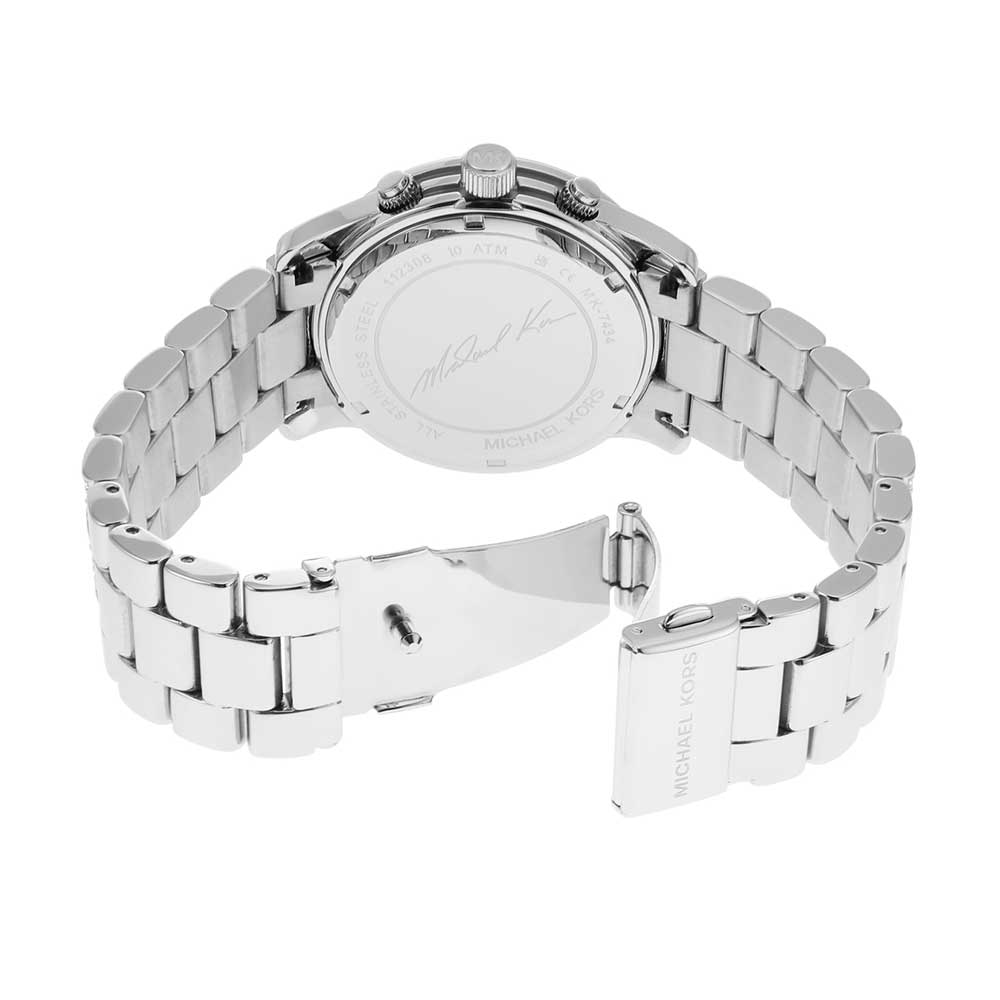 Back view of Michael Kors Runway MK7434 watch showing case back and silver metal bracelet