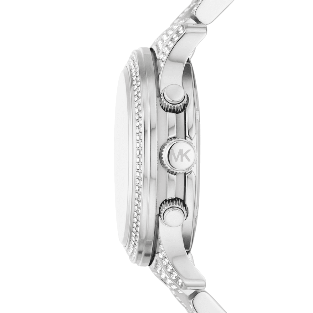 Side profile of Michael Kors Runway MK7434 chronograph watch showing case depth and crown