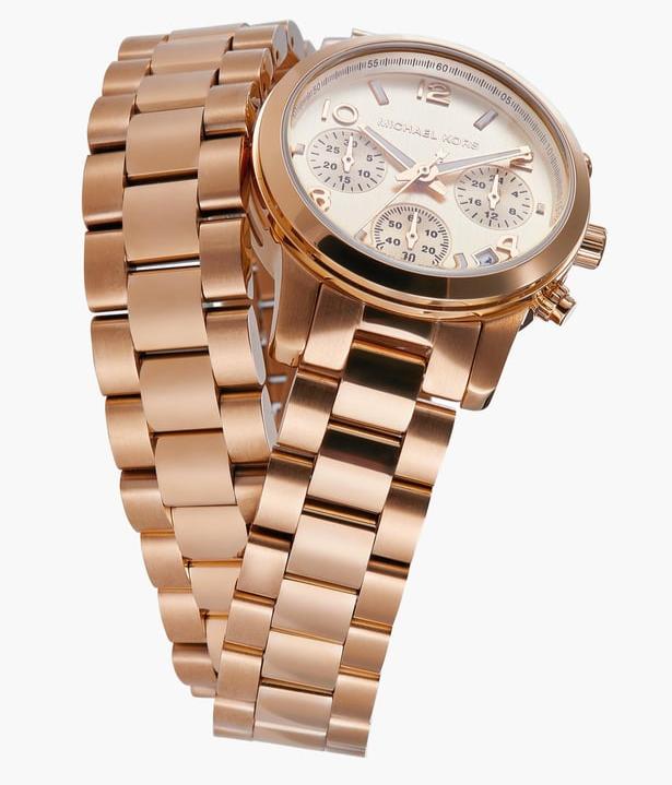 Michael Kors Runway MK7453 rose gold chronograph with dual bracelets at angle