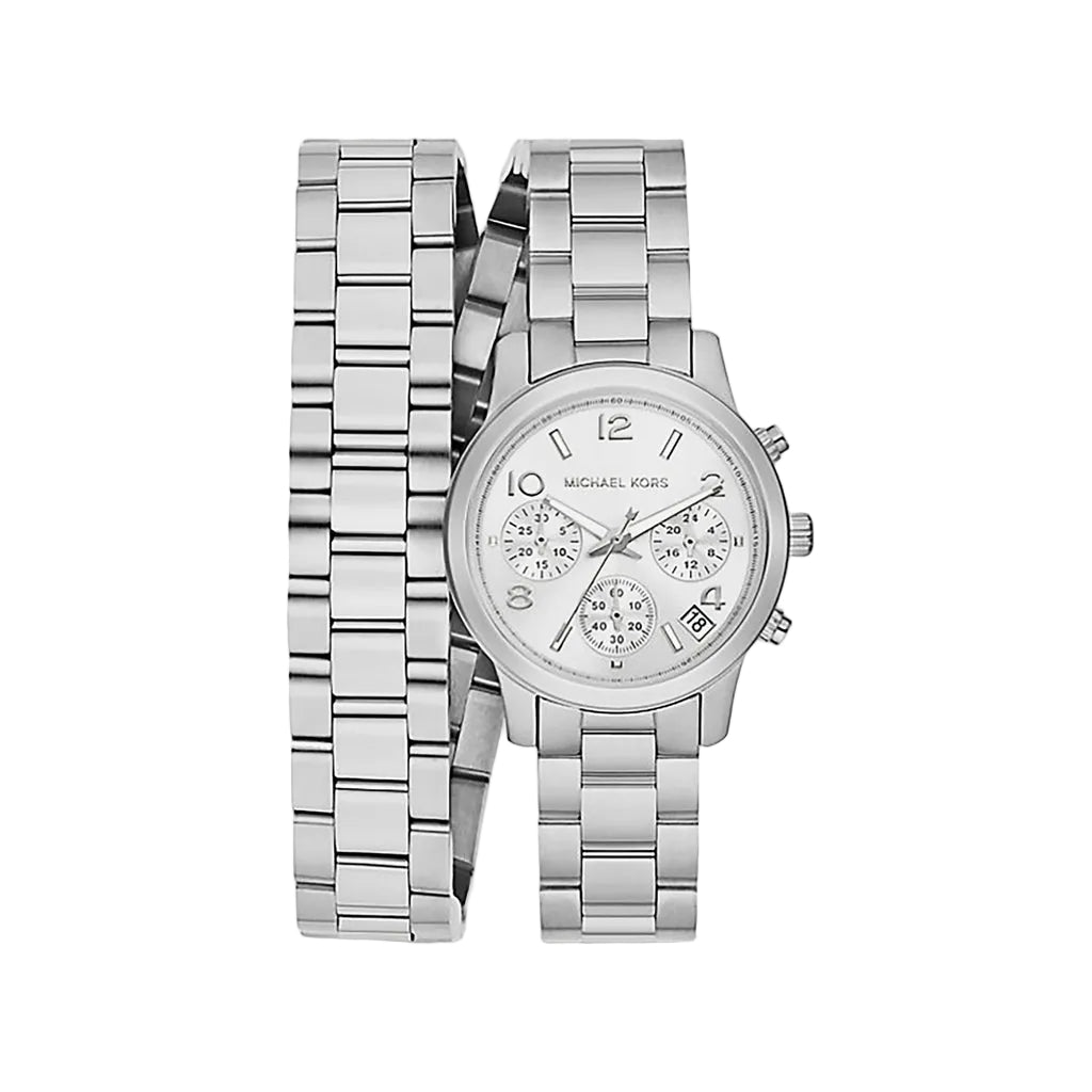 Michael Kors Runway Chronograph silver chronograph watch with dual wrap bracelets and white dial
