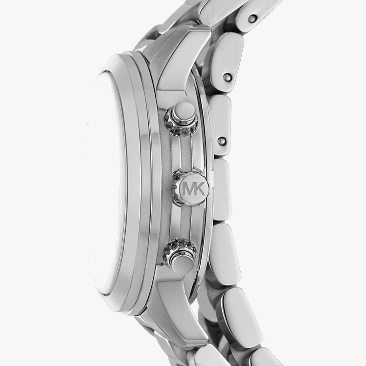 Side profile of Michael Kors Runway watch showing case depth and stainless steel band